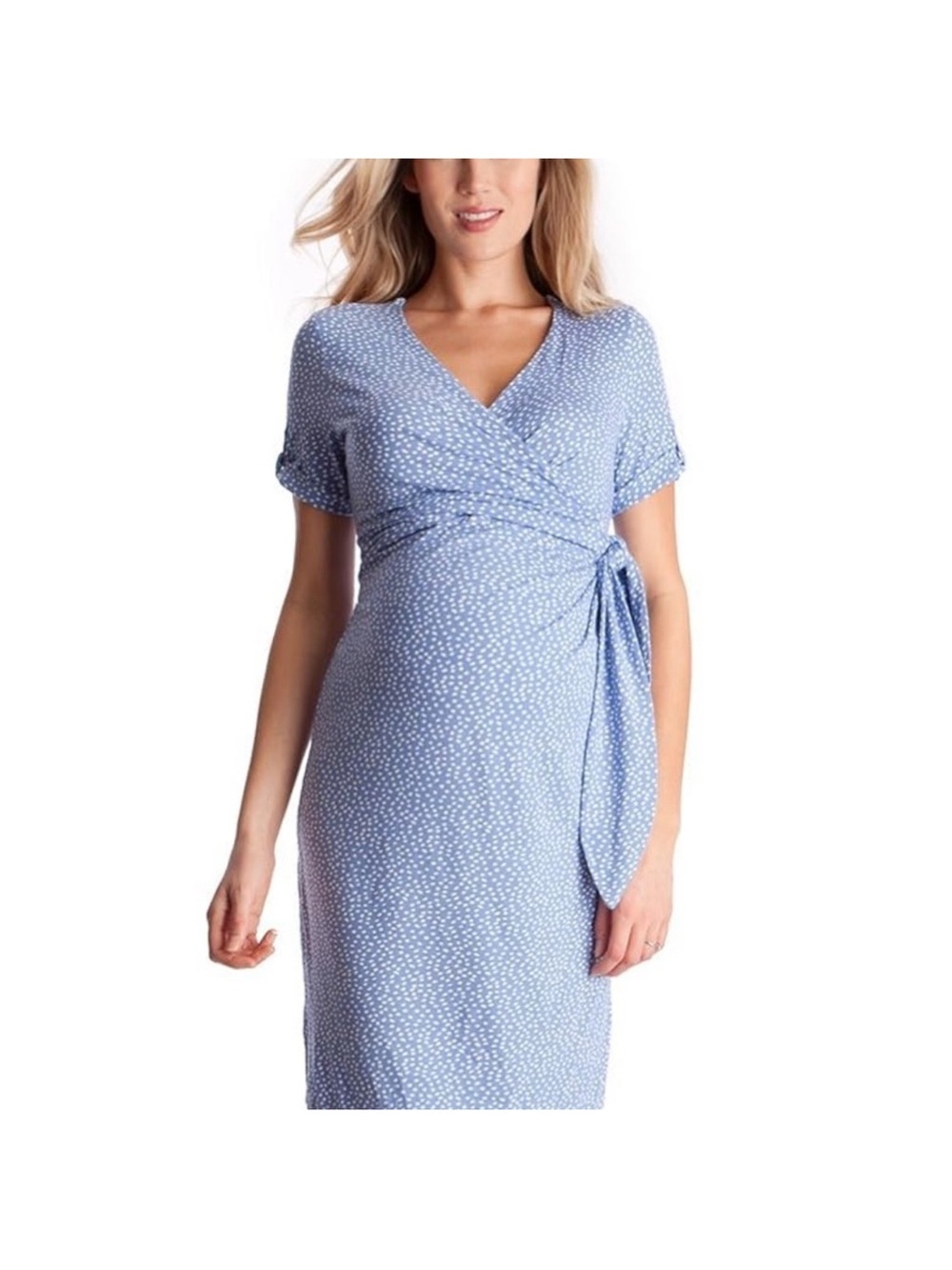 Seraphine Maternity Powder Blue Wrap Midi with White Dot Print